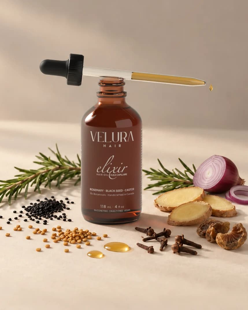 Velura Elixir hair and scalp oil, a 118 mL amber glass dropper bottle, front view