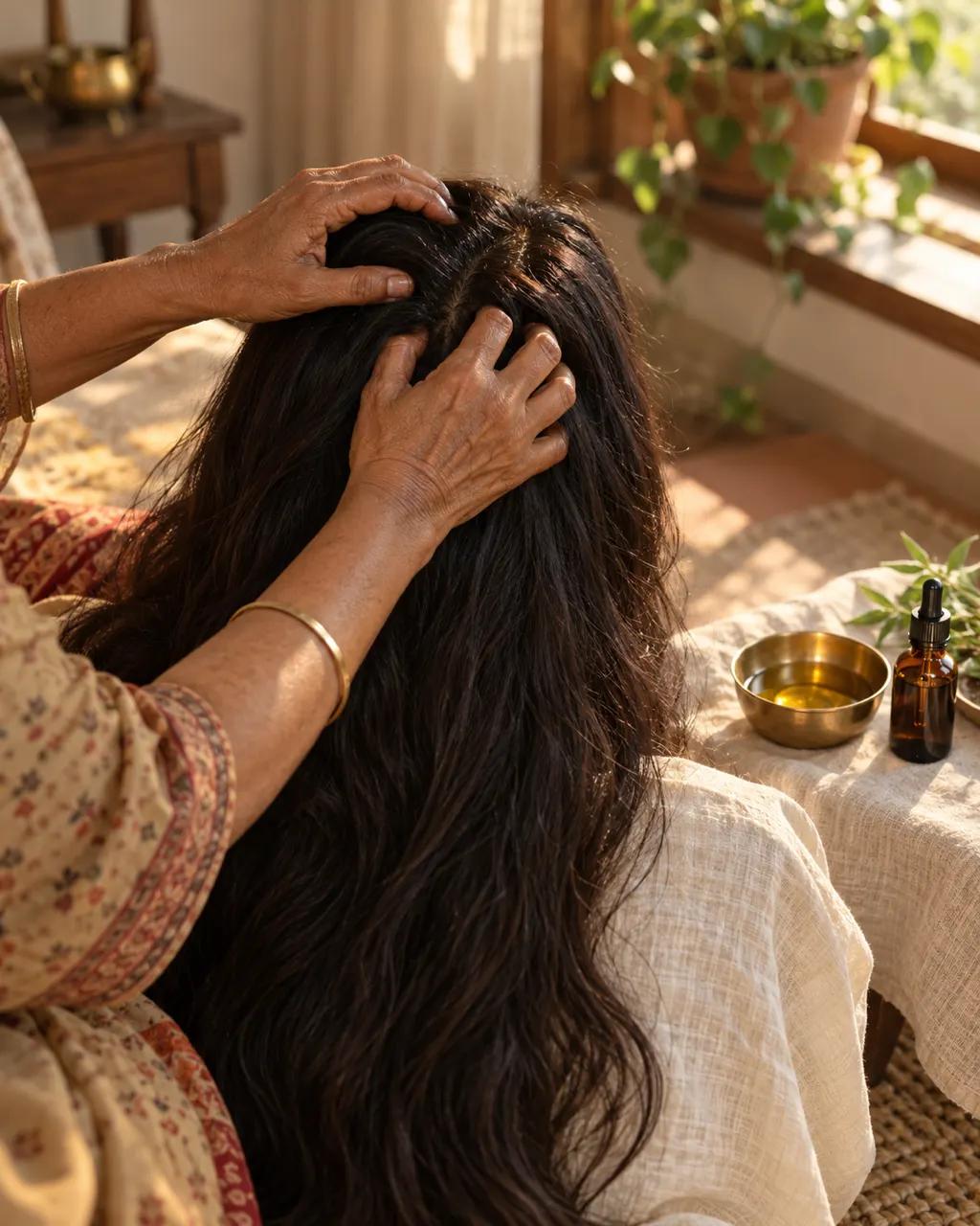 Hands working oil into a parting in dark hair