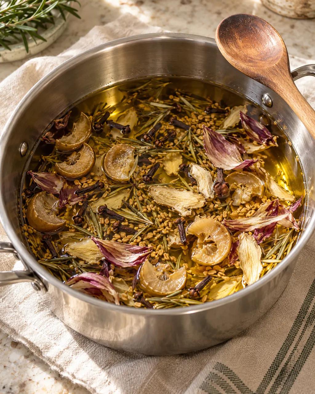 Dried herbs steeping in warm oil in a pot