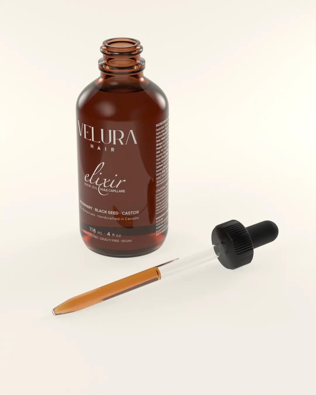 Elixir's dropper lying beside the bottle, filled with oil