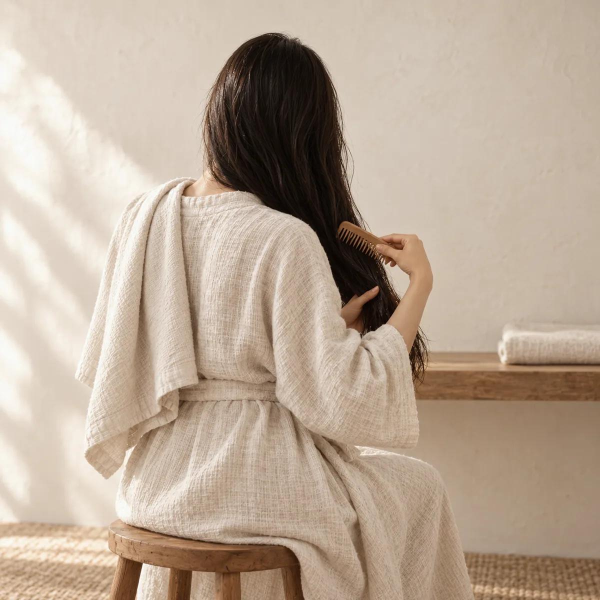 Seen from behind, a woman in a linen robe sits on a wooden stool by a limewash wall, combing her damp hair with a wide-tooth wooden comb, a towel over one shoulder