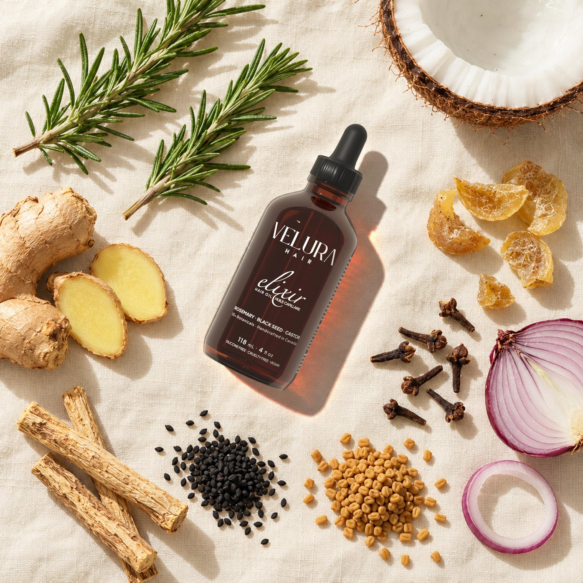 Elixir beside dried amla, fenugreek, black seed, cloves, rosemary, ginger and red onion
